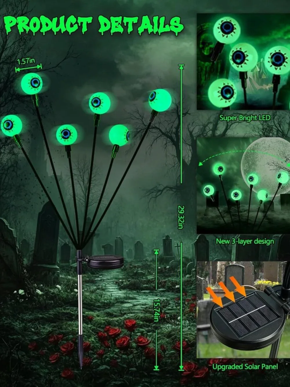 Spooky Solar Halloween Decorations - 6 Pack Green LED Eyeball Lights for